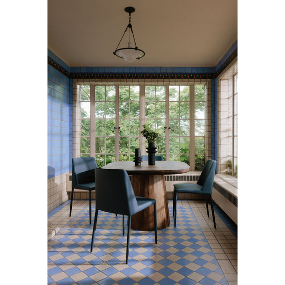 Smoked wood dining table with rounded-corner tabletop and pedestal base