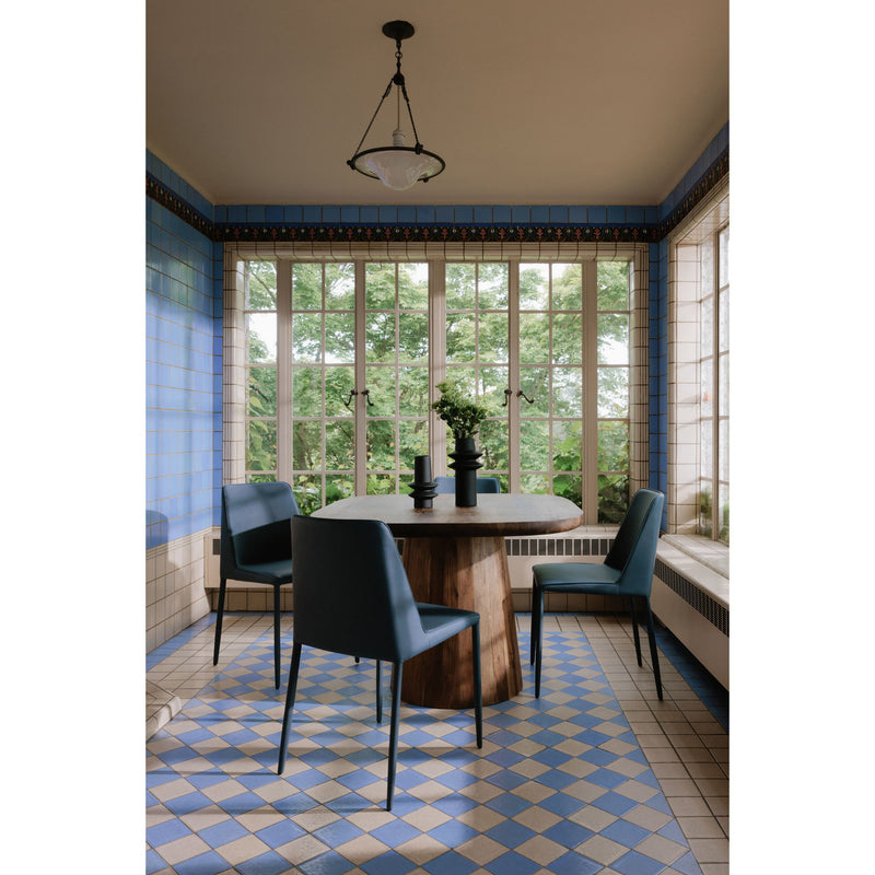 Smoked wood dining table with rounded-corner tabletop and pedestal base