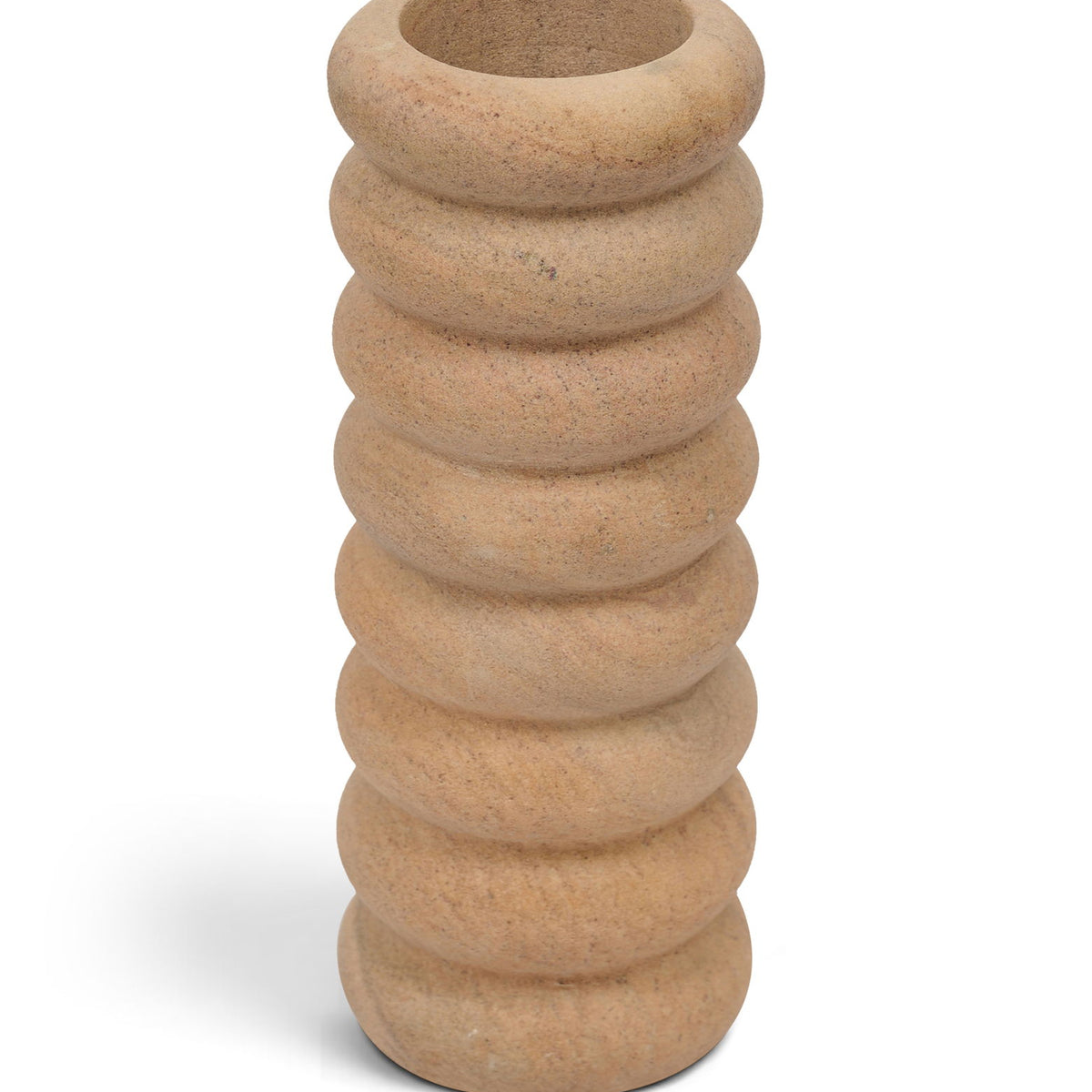Rousse sandstone vase in sand color, rounded ribbed body and flared rim