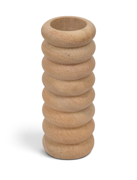Rousse sandstone vase in sand color, rounded ribbed body and flared rim
