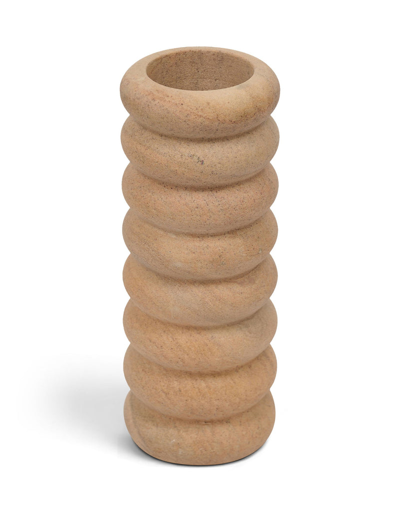 Rousse sandstone vase in sand color, rounded ribbed body and flared rim