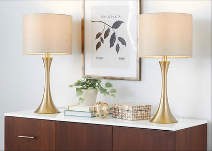 Gold table lamp set of 2 with beige fabric drum shades