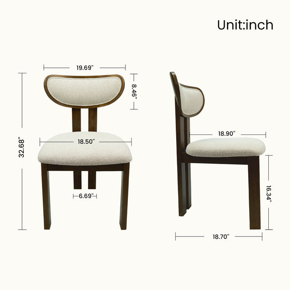 Beige upholstered dining chair shown with front and side dimensions