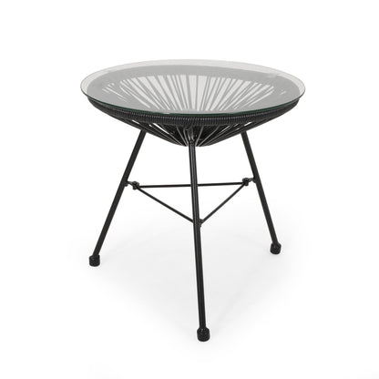 Black rattan side table with round tempered glass top and tripod metal legs