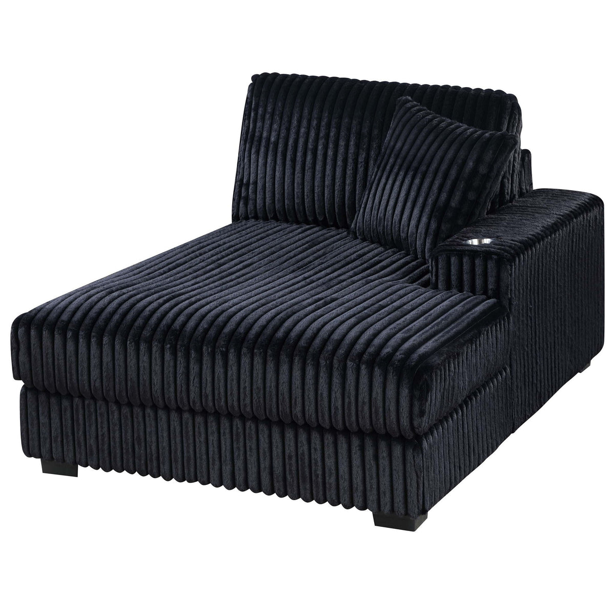 Black ribbed modular chaise sofa with tall backrest and plush seat cushion