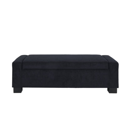 Blue textured fabric ottoman bench with hinged lid, padded top and black block feet.