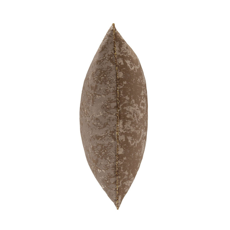 Textured throw pillow in dark bronze, shown from the side with piped seam