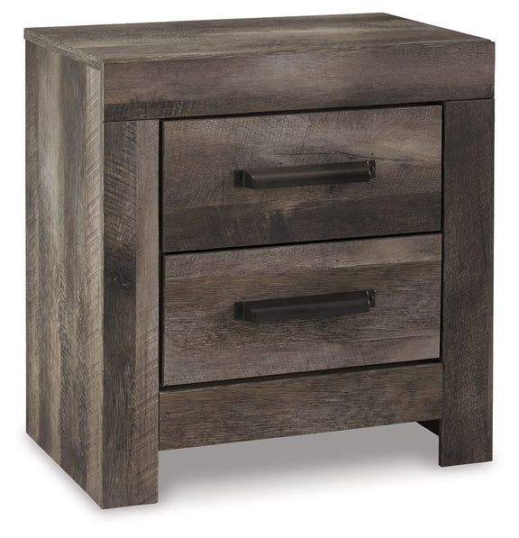 Gray two-drawer night stand with woodgrain finish and brushed bar drawer pulls