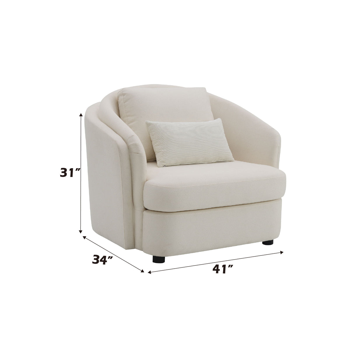 Beige upholstered armchair with square arms and throw pillow, 31x34x41 in