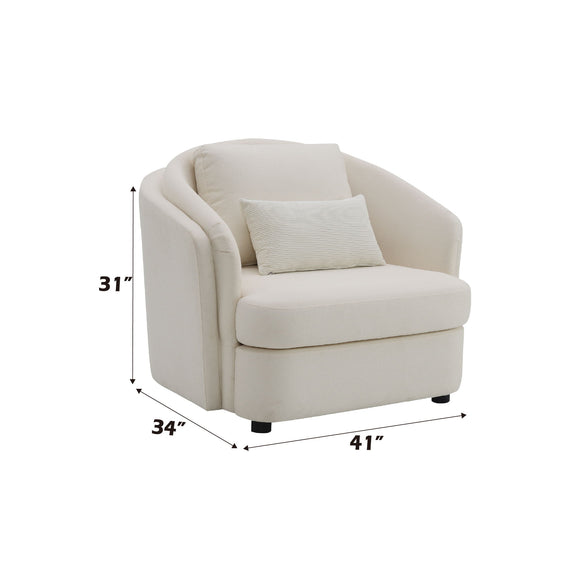 Beige upholstered armchair with square arms and throw pillow, 31x34x41 in