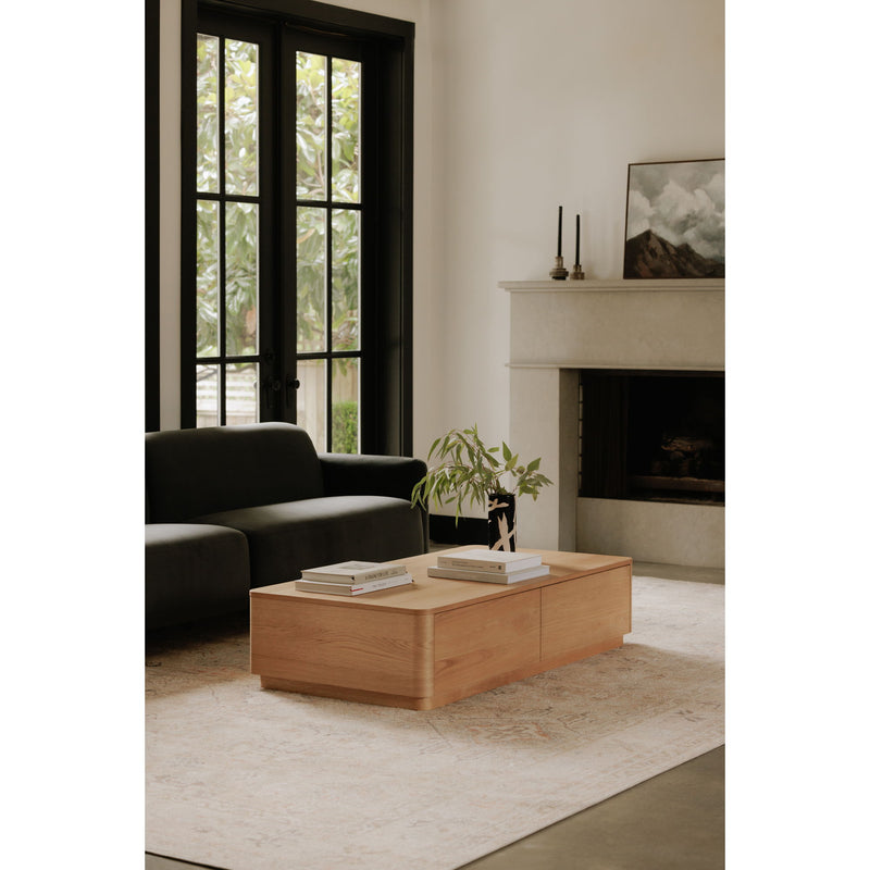 Oak coffee table with two drawers and a wide rectangular tabletop