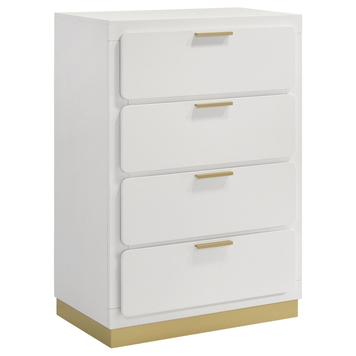 White four-drawer chest with gold bar handles and curved recessed drawer fronts