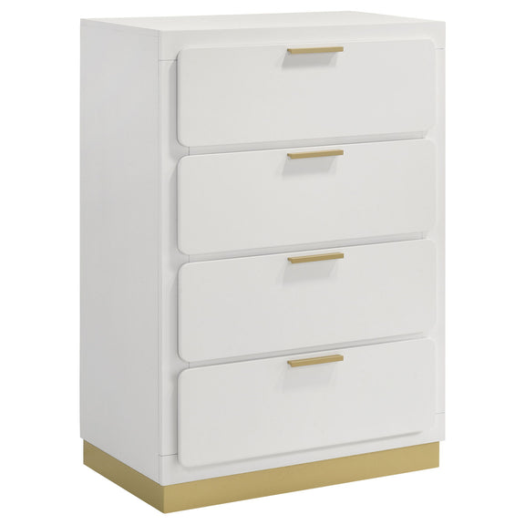 White four-drawer chest with gold bar handles and curved recessed drawer fronts