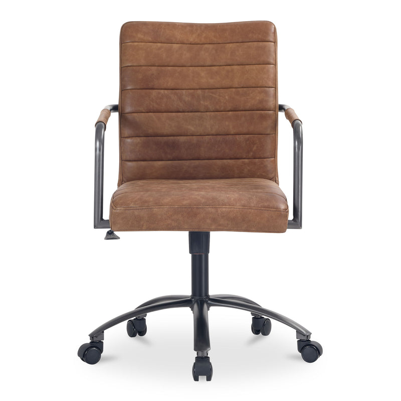 Brown leather office chair with padded arms, stitched backrest, swivel base and casters