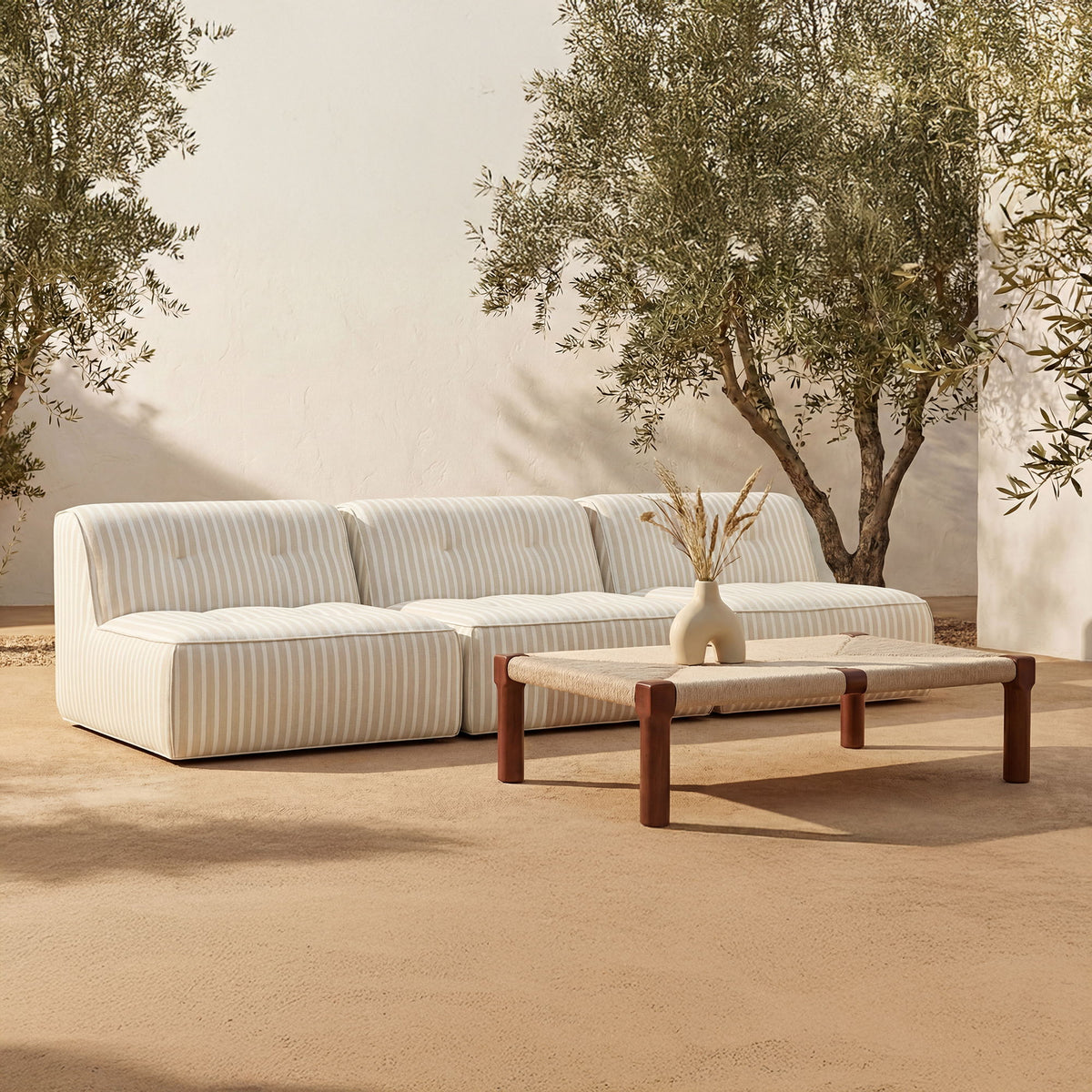 Outdoor coffee table with dark brown wooden legs and beige fabric tabletop