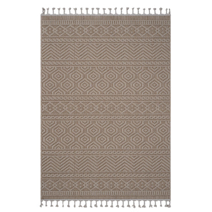 Geometric indoor/outdoor area rug in light brown with white pattern and fringe tassels