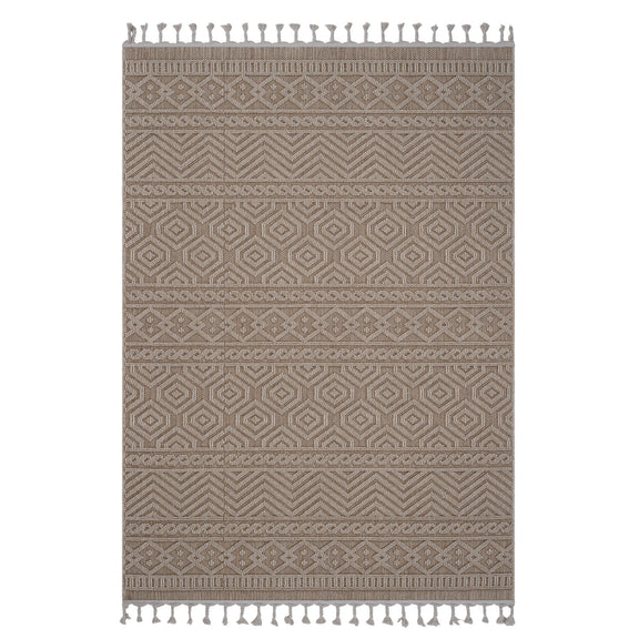 Geometric indoor/outdoor area rug in light brown with white pattern and fringe tassels
