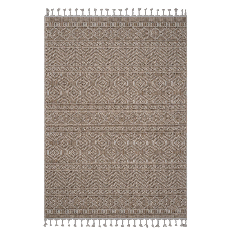 Geometric indoor/outdoor area rug in light brown with white pattern and fringe tassels