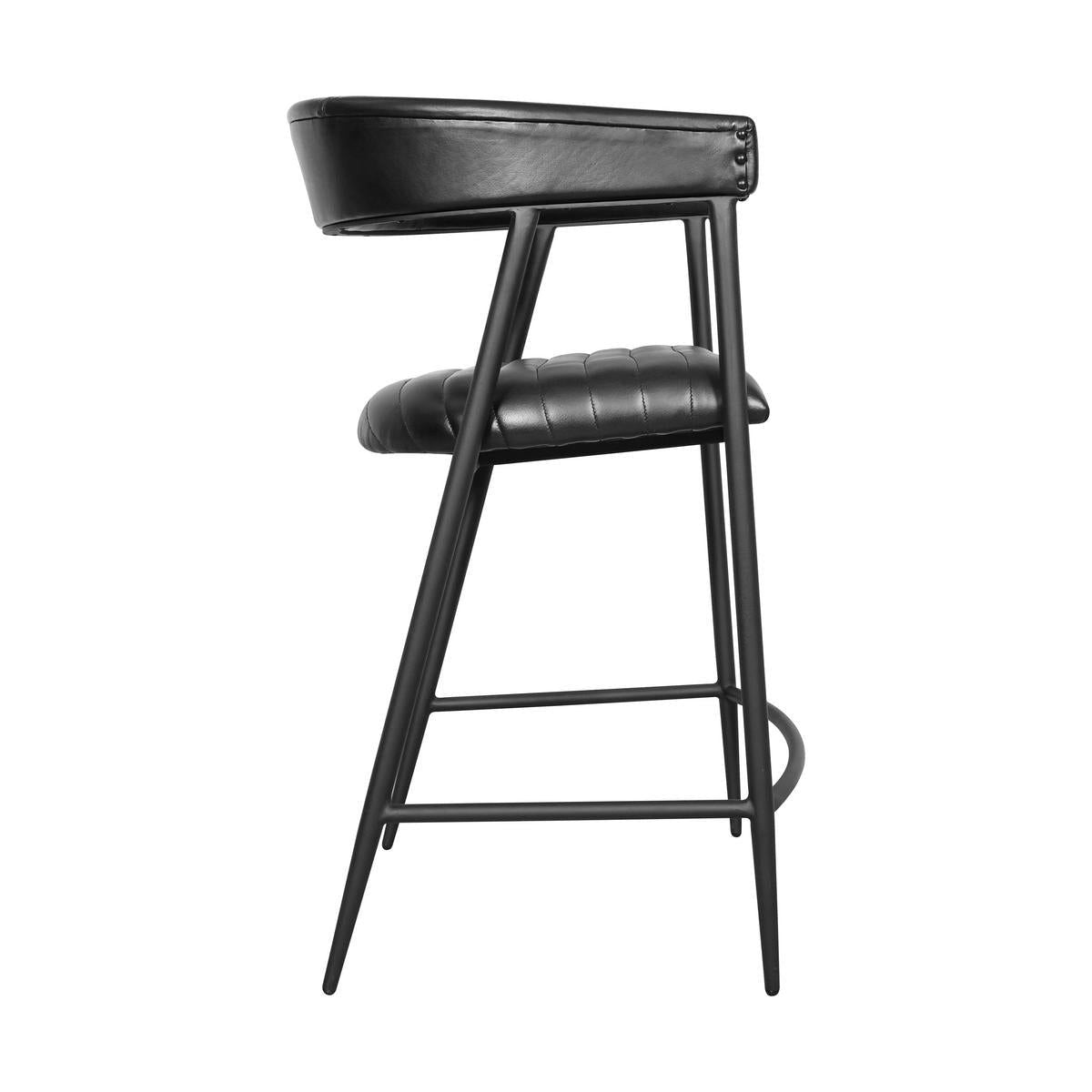 Dark faux-leather counter stool with padded backrest and footrest bar