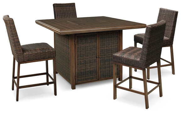 Outdoor fire pit table set with square table and four woven bar stools, light brown finish