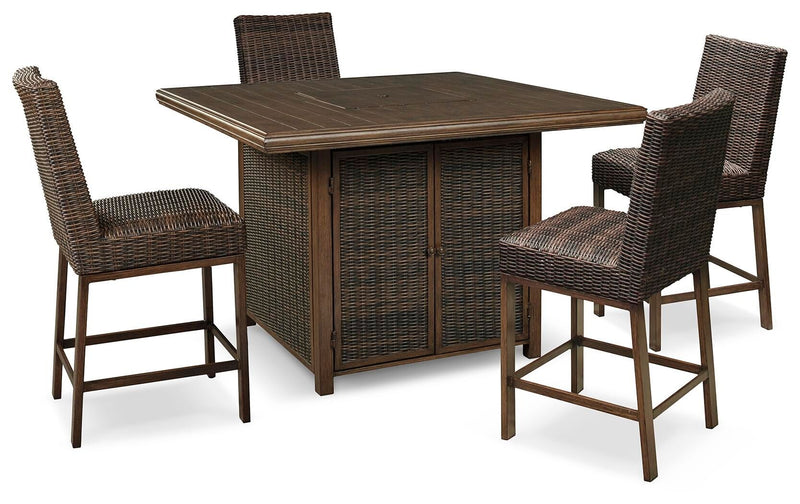 Outdoor fire pit table set with square table and four woven bar stools, light brown finish