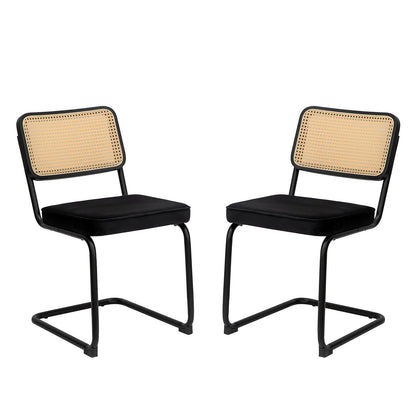 Dining chair set of 2 with tan rattan backs, black seat cushions, black painted legs