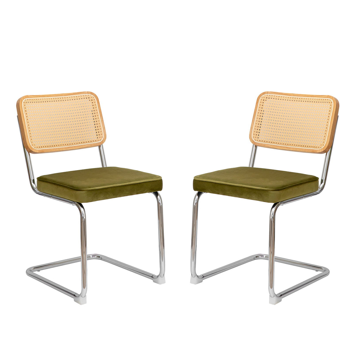 Dining chair set of 2 with tan rattan backs, olive seat cushions, silver painted legs