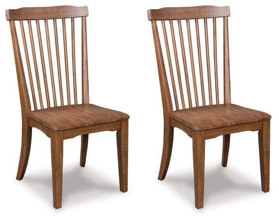 Set of 2 light brown dining side chairs with slat backs and cushioned wooden seats