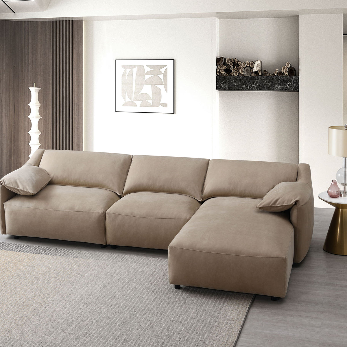 Veata - Suede Sectional Sofa With Right Hand Facing Chaise - Light Brown