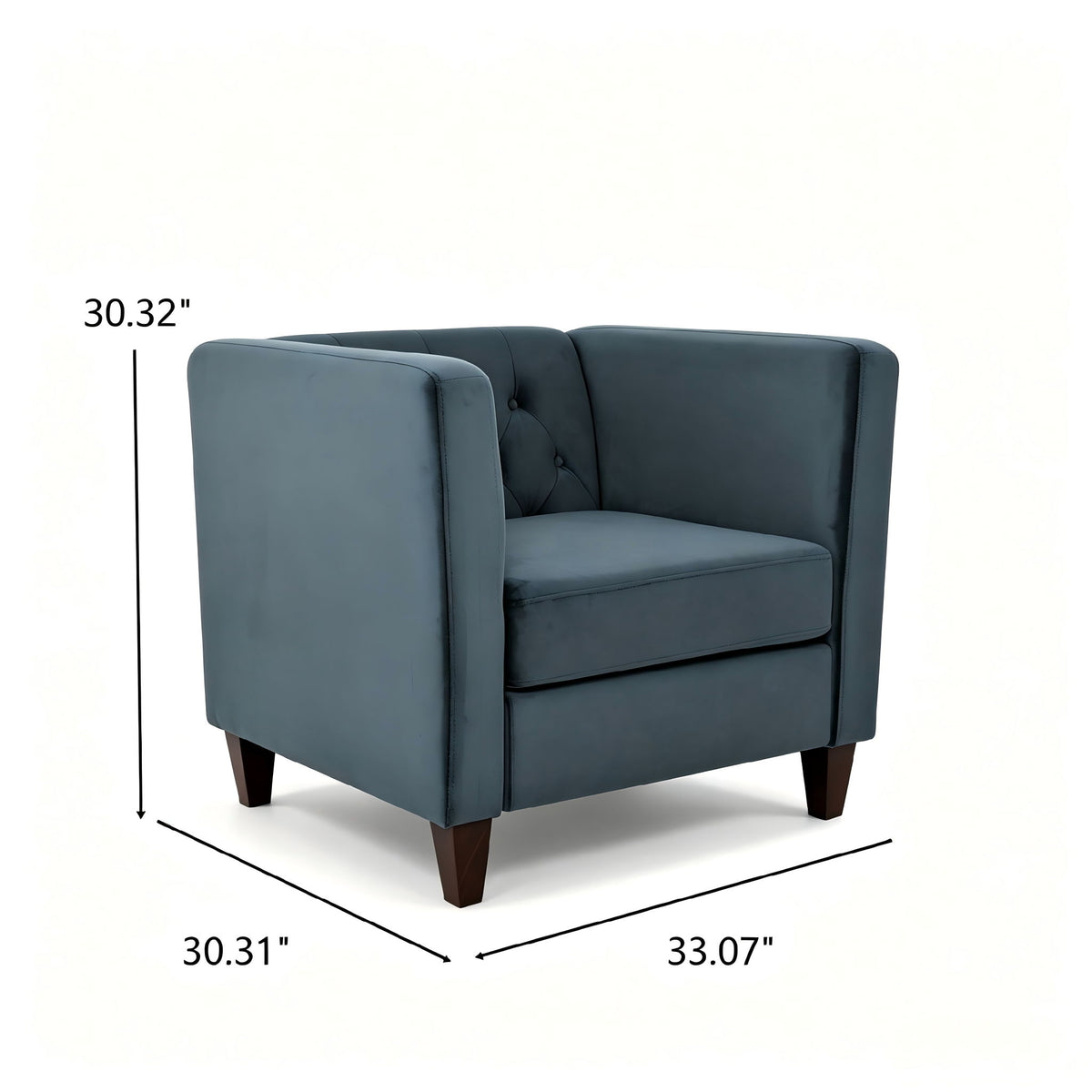 Blue accent side chair with tufted back, square arms, and dark tapered legs.