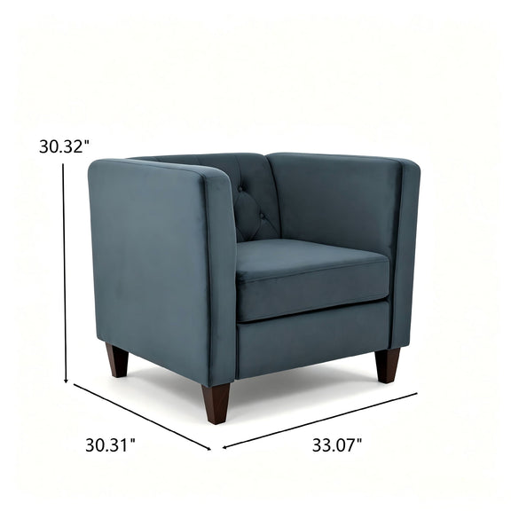 Blue accent side chair with tufted back, square arms, and dark tapered legs.
