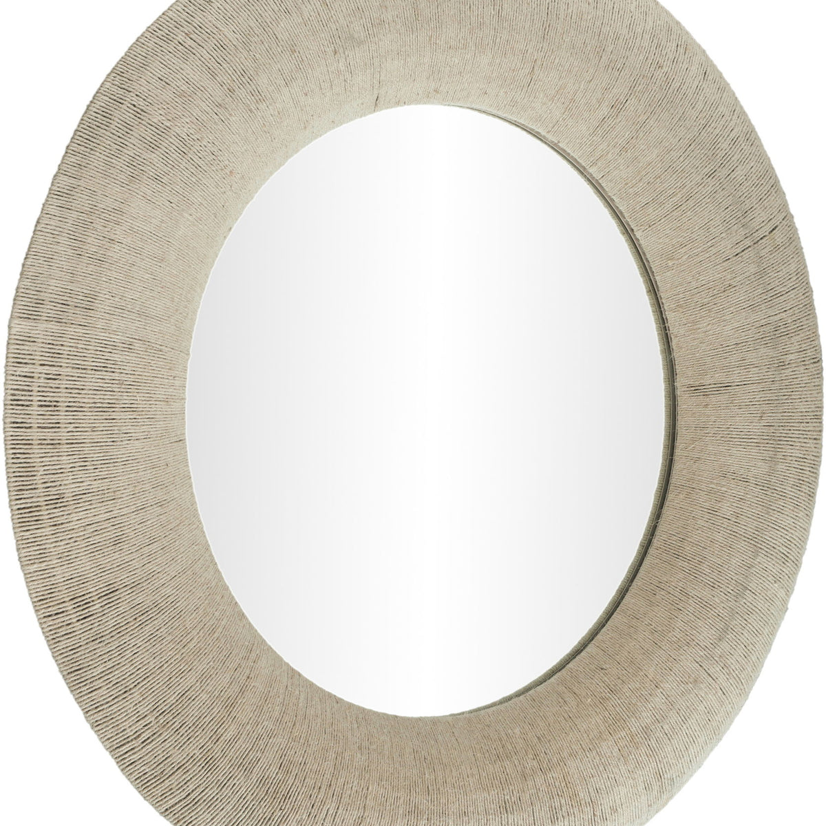 Round jute rope framed mirror with light beige textured border and bright reflective glass