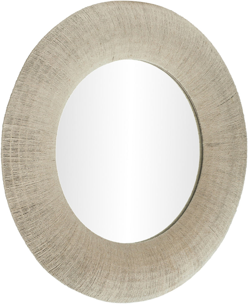 Round jute rope framed mirror with light beige textured border and bright reflective glass
