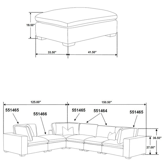Upholstered ottoman dimensions diagram with labeled seat height and length.
