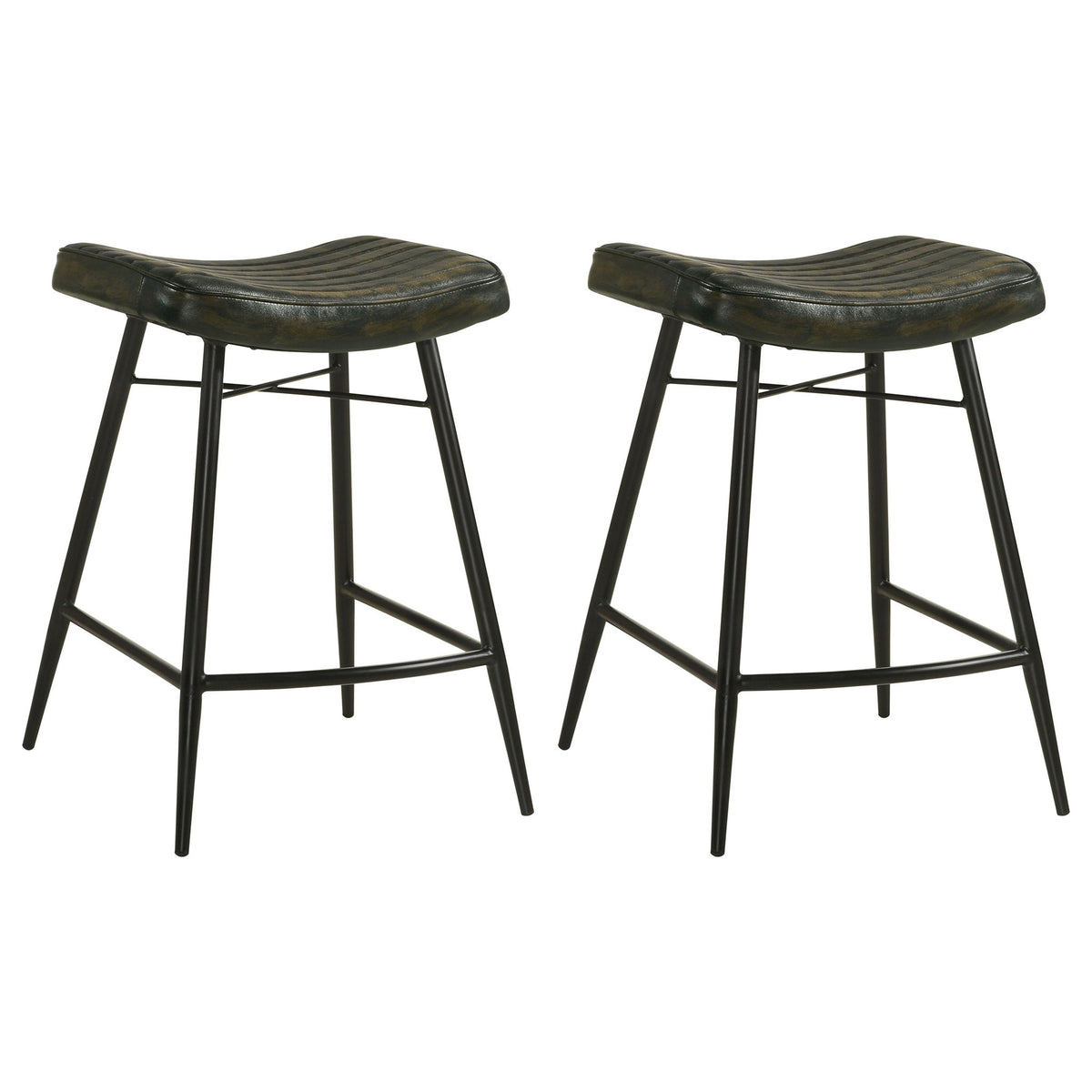 Set of 2 dark brown counter stools with curved wood seat and black metal legs