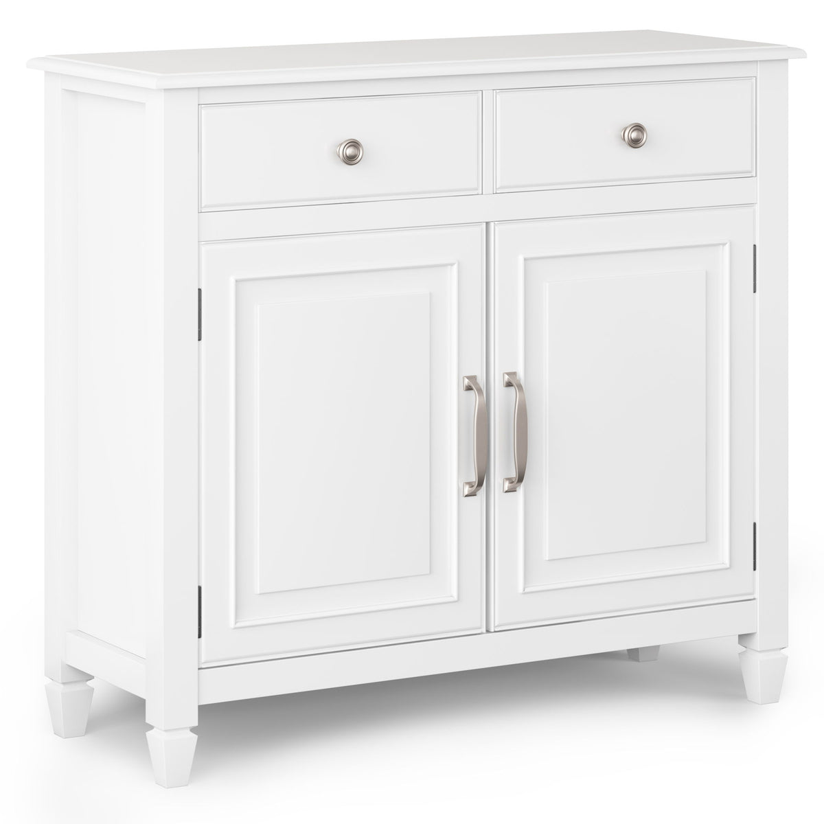 White entryway storage cabinet with two drawers, two cabinet doors, and brushed metal handles.