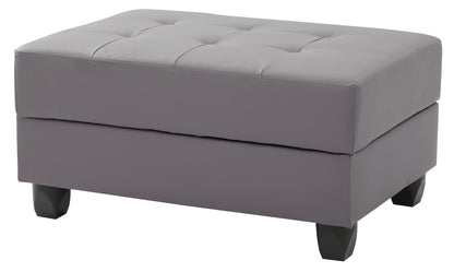 Gray tufted storage ottoman with hinged lid and dark wooden legs