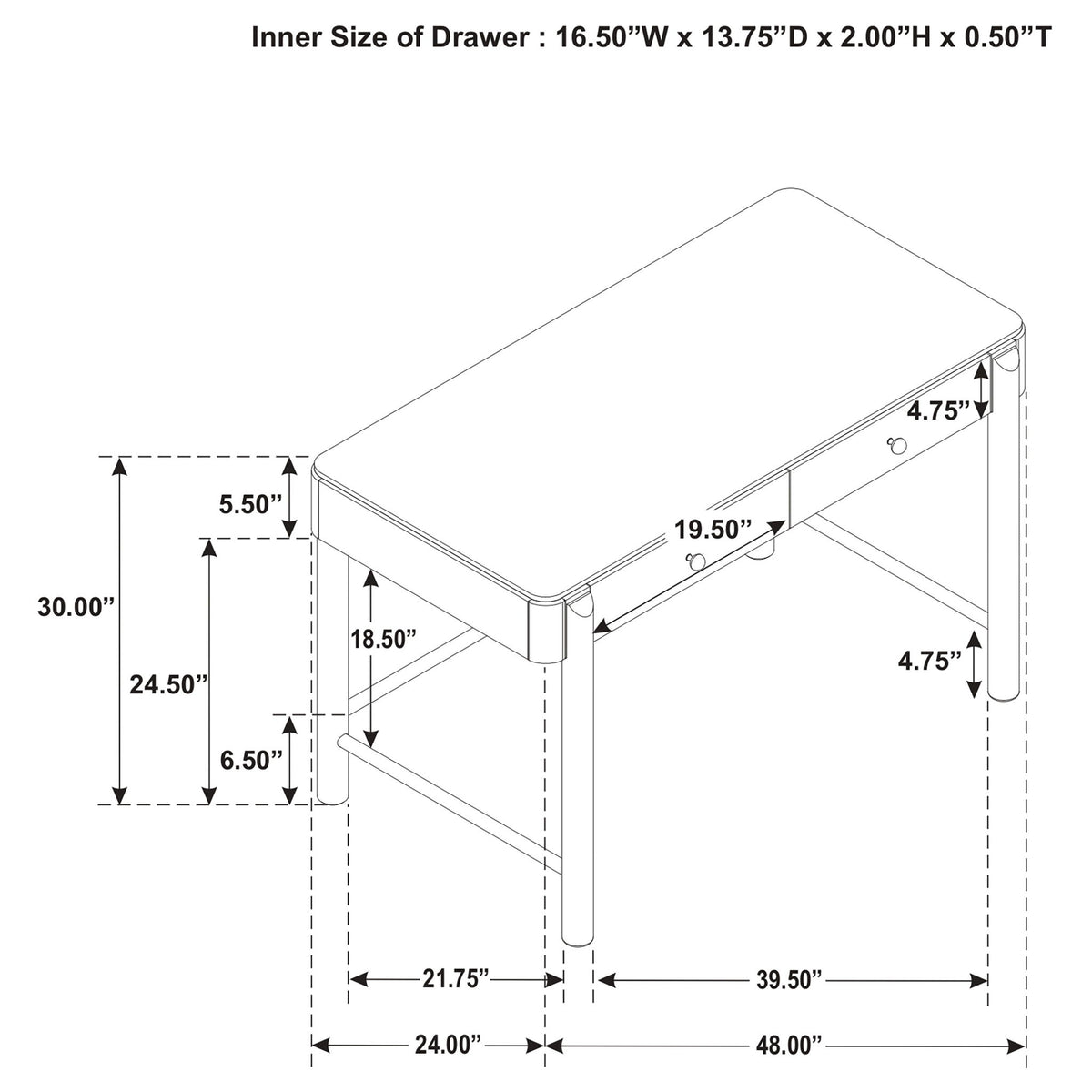 2-drawer vanity desk with rounded corners and side supports, detailed layout view