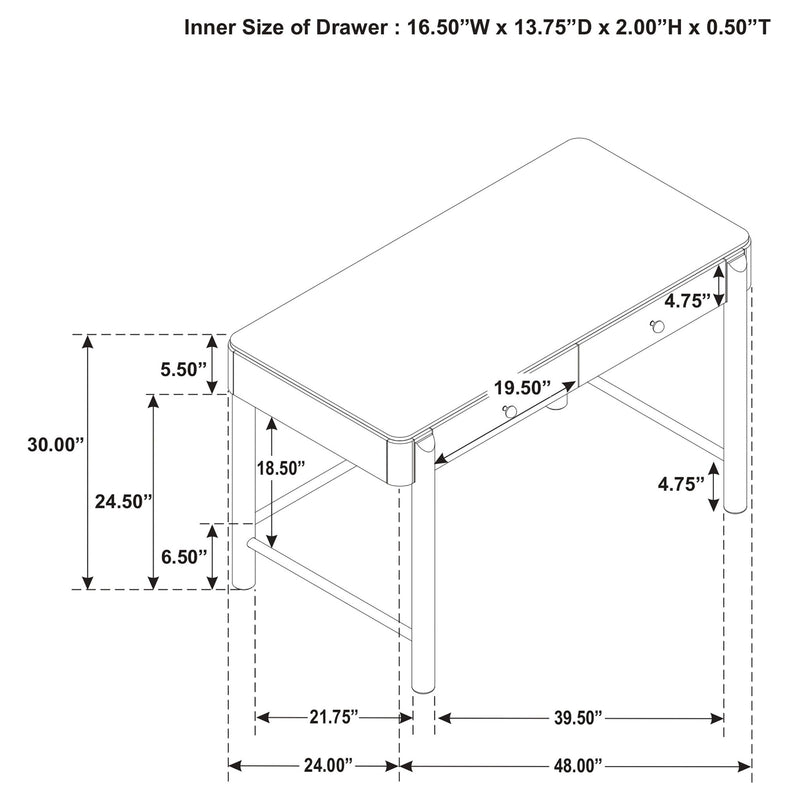 2-drawer vanity desk with rounded corners and side supports, detailed layout view