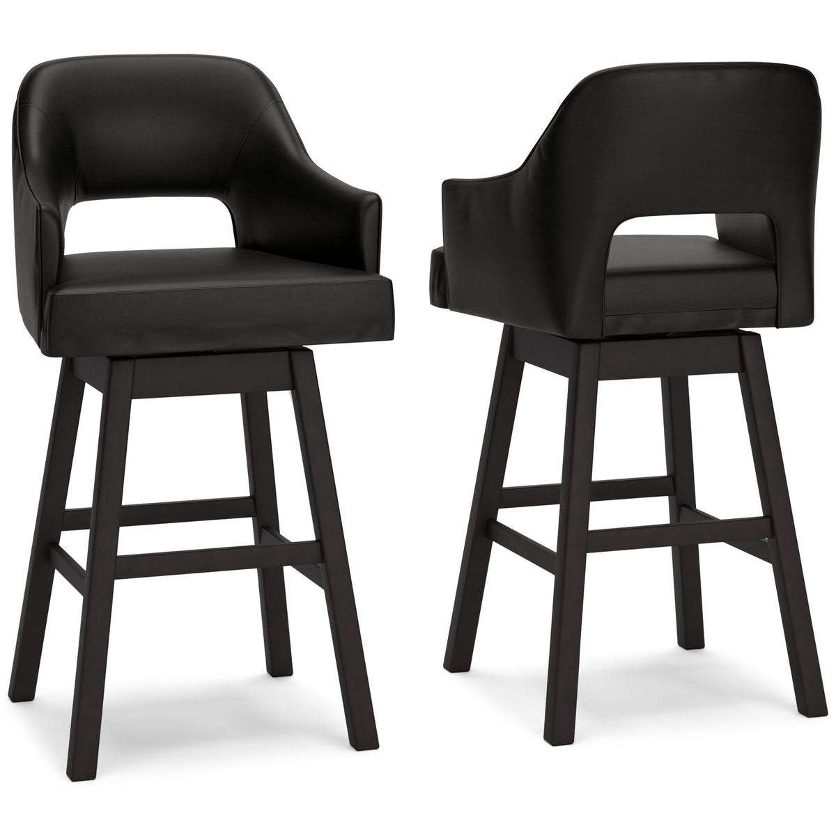 Pair of black upholstered swivel barstools with padded seats and dark wooden frames
