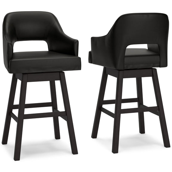 Pair of black upholstered swivel barstools with padded seats and dark wooden frames
