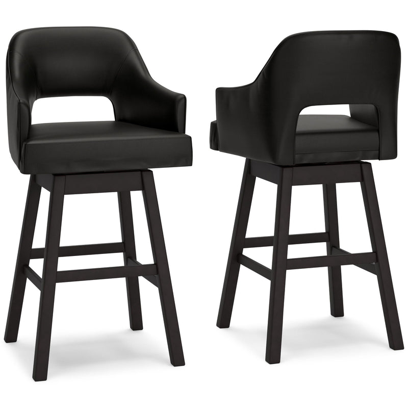Pair of black upholstered swivel barstools with padded seats and dark wooden frames