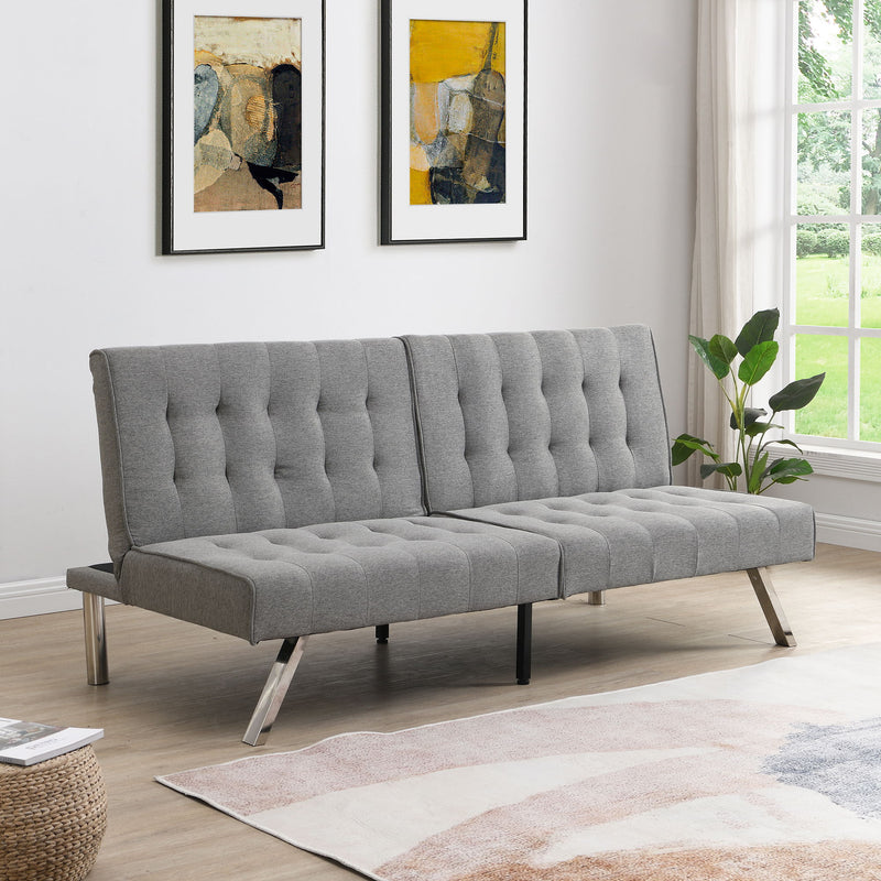 Gray futon sofa bed with button-tufted back and folded mattress seat