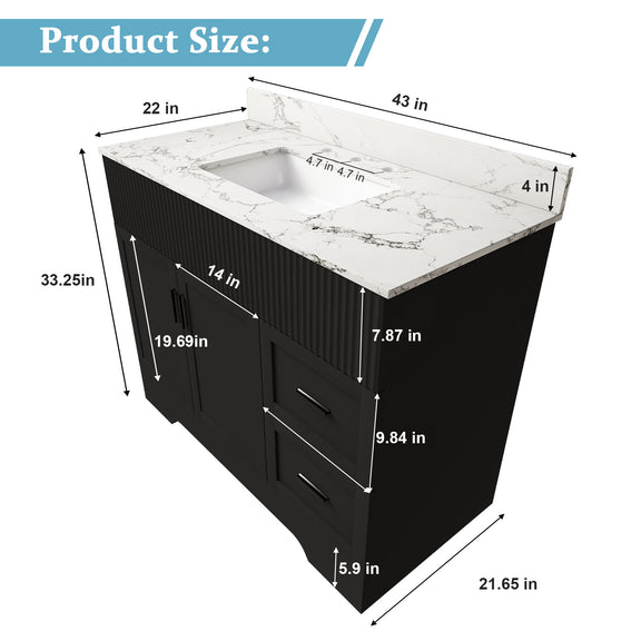 Black bathroom vanity with fluted cabinet, marble-style top, view of doors and drawers