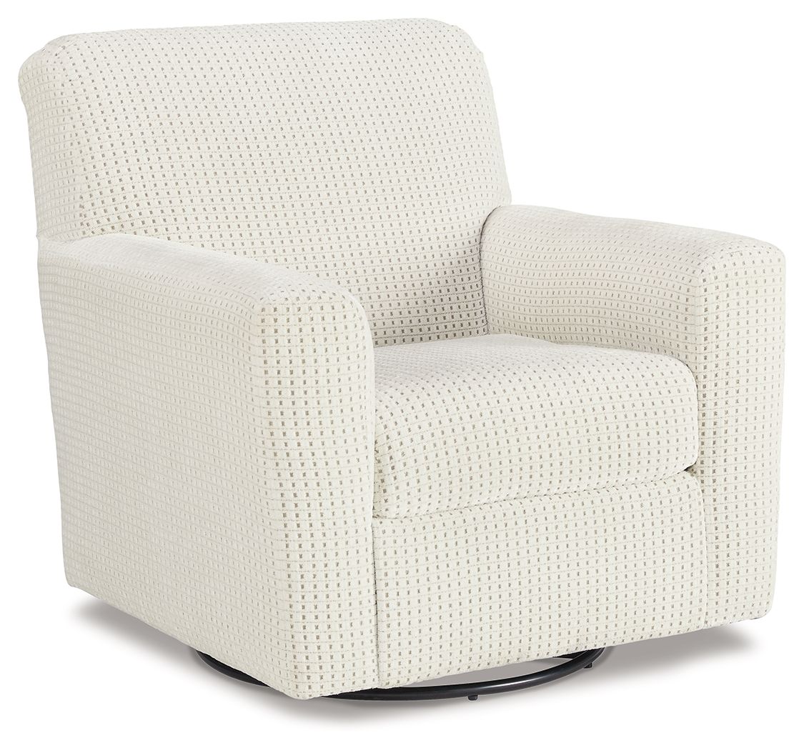 Ivory swivel accent chair with textured woven upholstery and cushioned arms