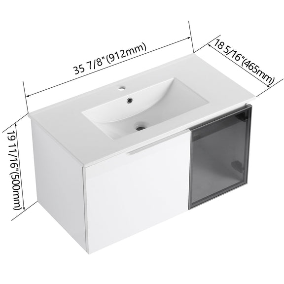 White bathroom vanity cabinet with integrated sink, size arrows on top and sides