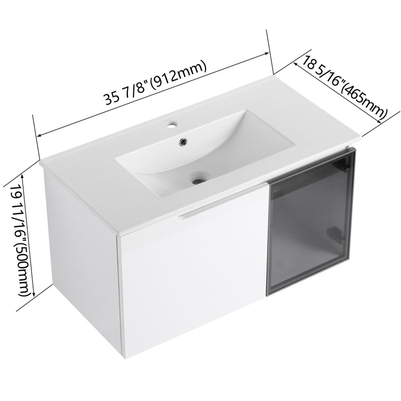 White bathroom vanity cabinet with integrated sink, size arrows on top and sides
