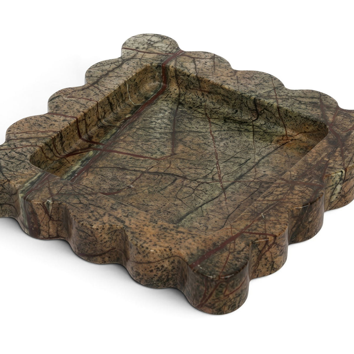 Greenish-brown genuine marble tray with scalloped rim and marbled pattern