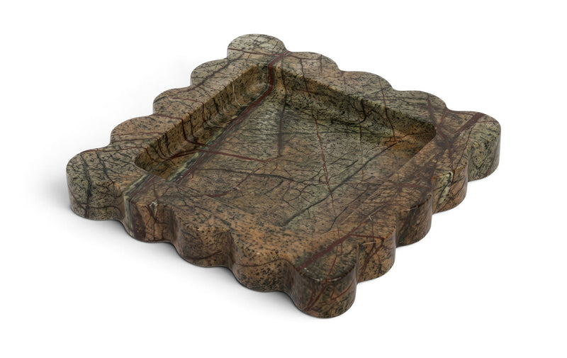 Greenish-brown genuine marble tray with scalloped rim and marbled pattern