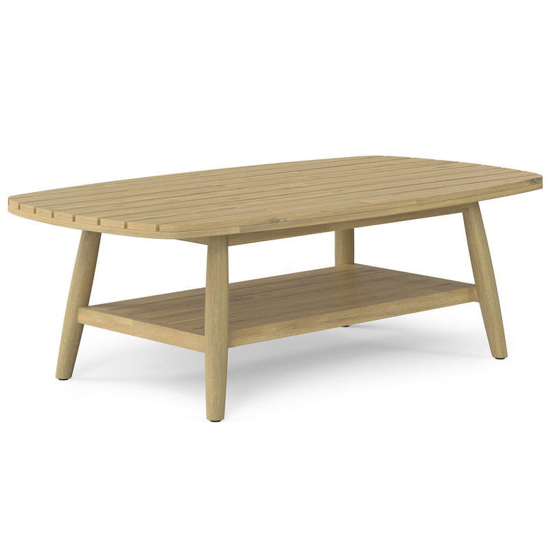 Outdoor coffee table in light teak with slatted top and lower shelf, four tapered legs